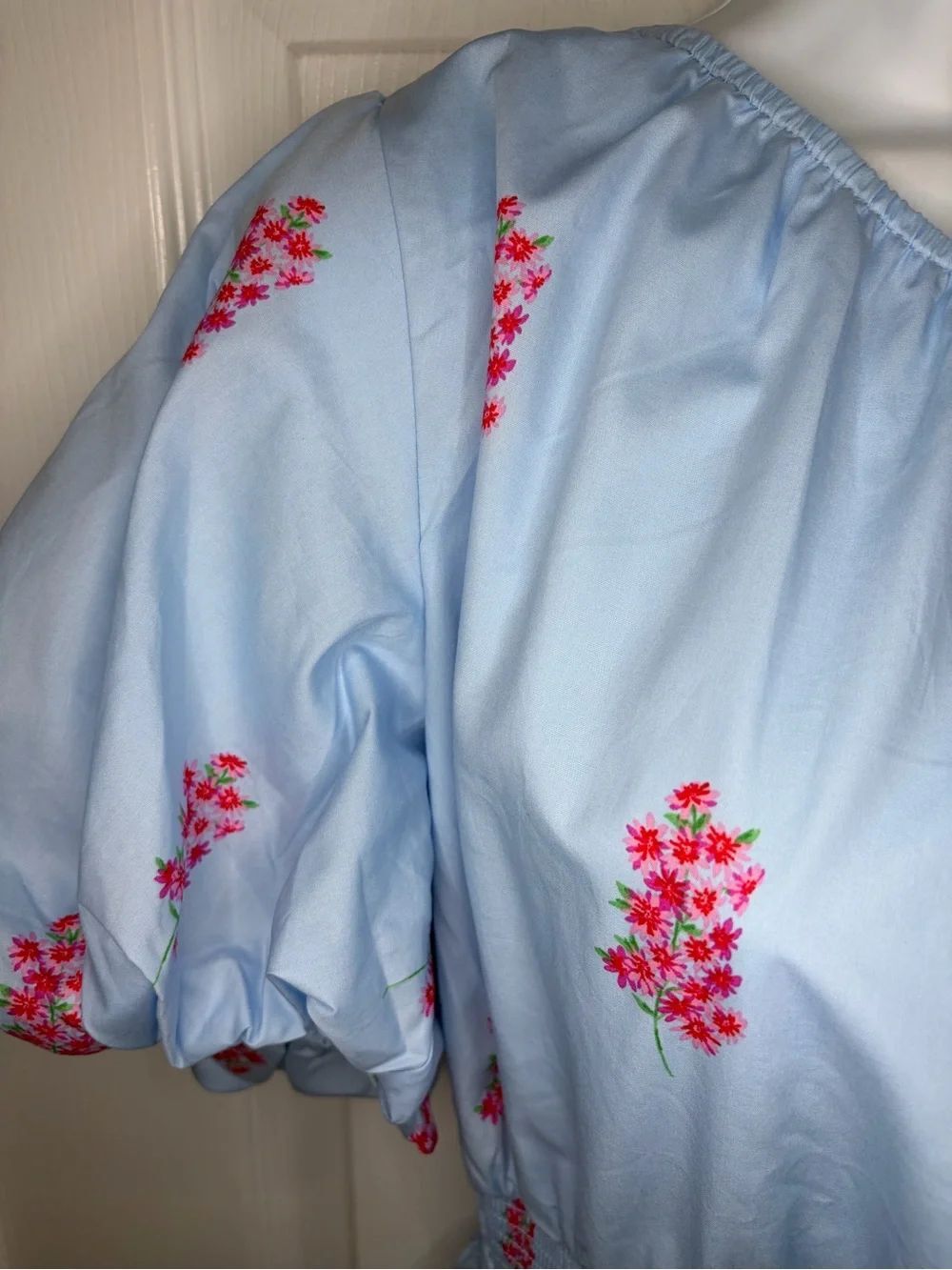 SUGARLIPS Gelato Baby Blue Pink Floral Bridgette Cotton One Shoulder Midi Dress - Picture 7 of 13